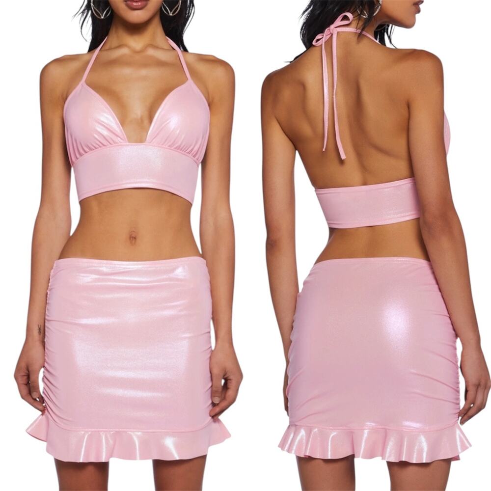 Dolls Kill Metallic Pink Halter Crop Top Ruched Ruffle Skirt Set Y2K Style Large